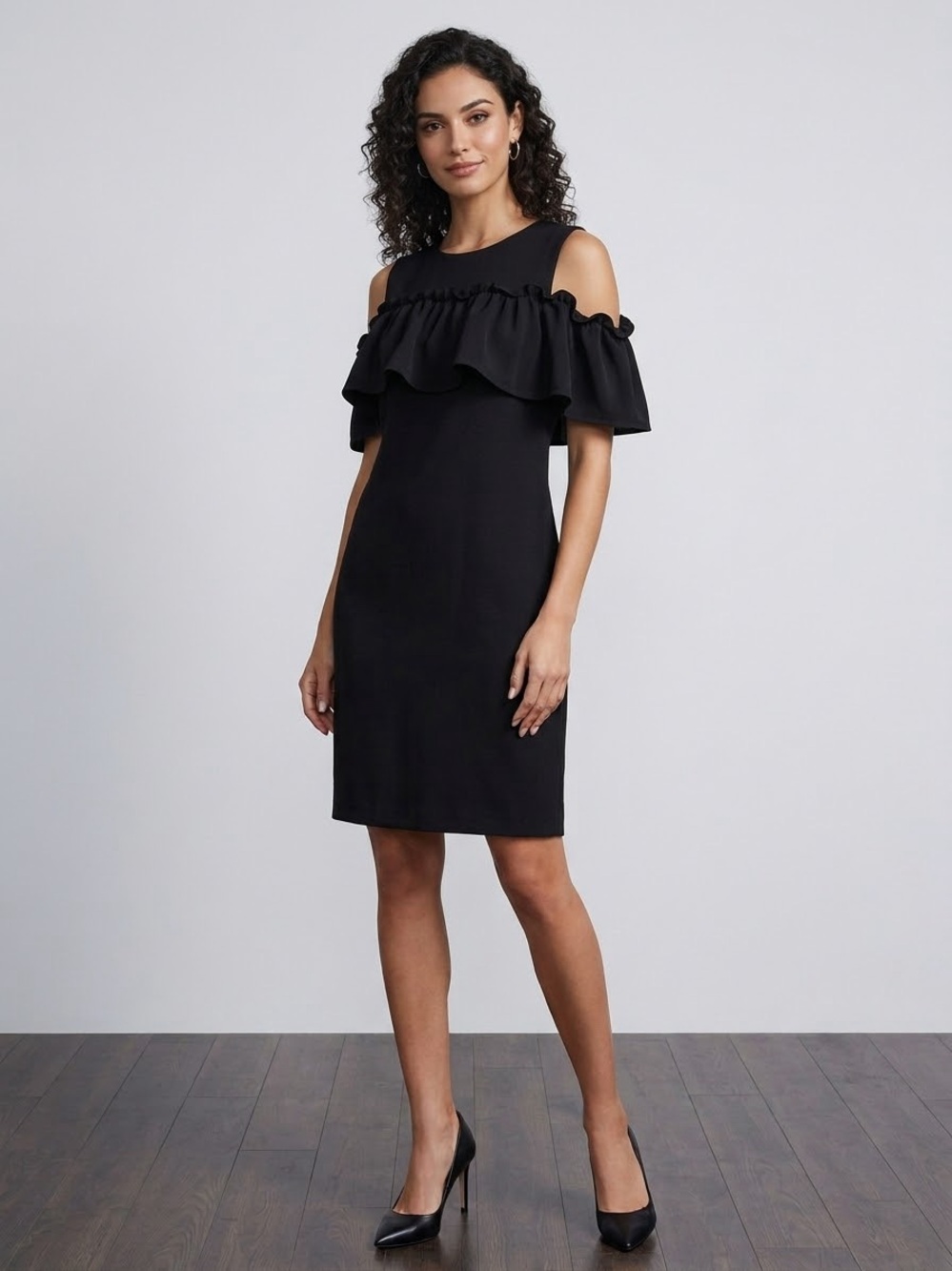 Black Ruffle-Trim Cold Shoulder Sleeveless Dress - Size M